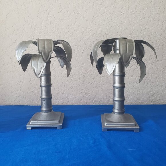 2 VTG Privet House Palms Away Short Galvanized Candle Sticks - Picture 4 of 10